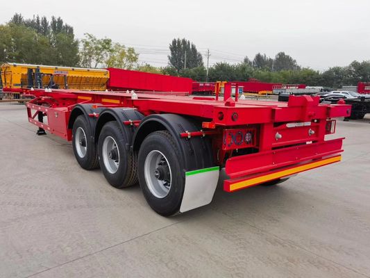 50T 3 Άξονα Συσκευαστή Σκελετό Semi Trailer με 9.0-20 * 12pcs 90 Rim σε κόκκινο και κίτρινο