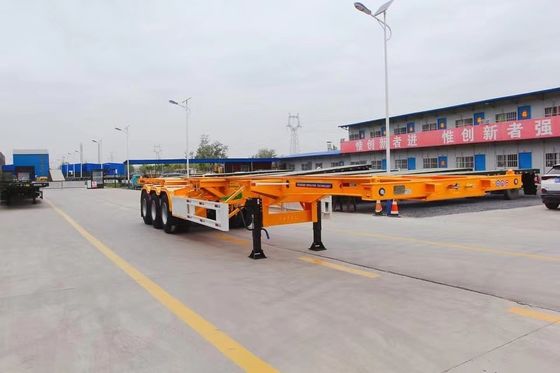 50T 3 Άξονα Συσκευαστή Σκελετό Semi Trailer με 9.0-20 * 12pcs 90 Rim σε κόκκινο και κίτρινο