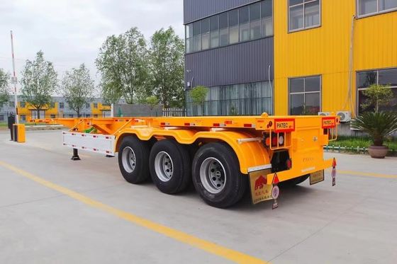 50T 3 Άξονα Συσκευαστή Σκελετό Semi Trailer με 9.0-20 * 12pcs 90 Rim σε κόκκινο και κίτρινο